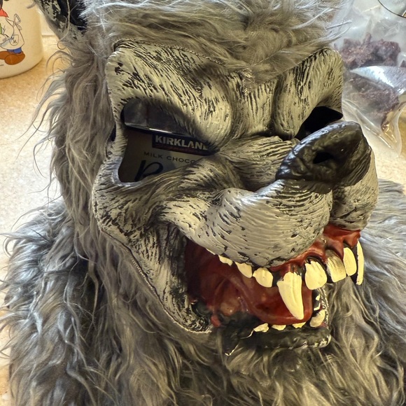 Gray Werewolf Halloween Mask Wolfdog, snarling Faux Fur Big Teeth Costume Dog - Picture 2 of 10